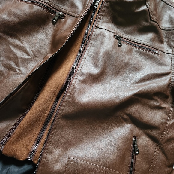 EUC Faux Leather Outdoor Jacket zip up with hoodie - Picture 4 of 5